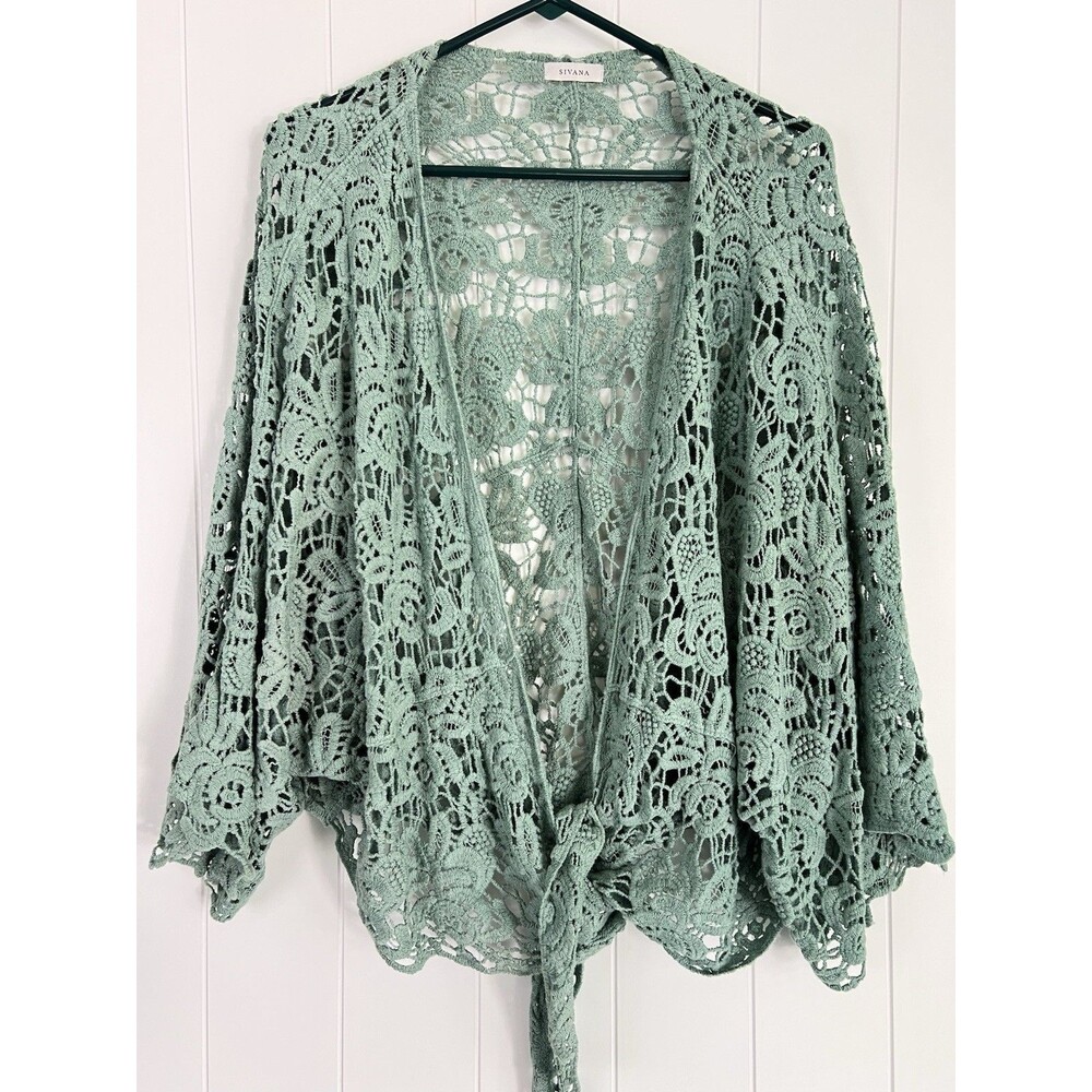Sivana Mint Green Crochet Kimono Wrap Floral Lace Cardigan Sweater One Size